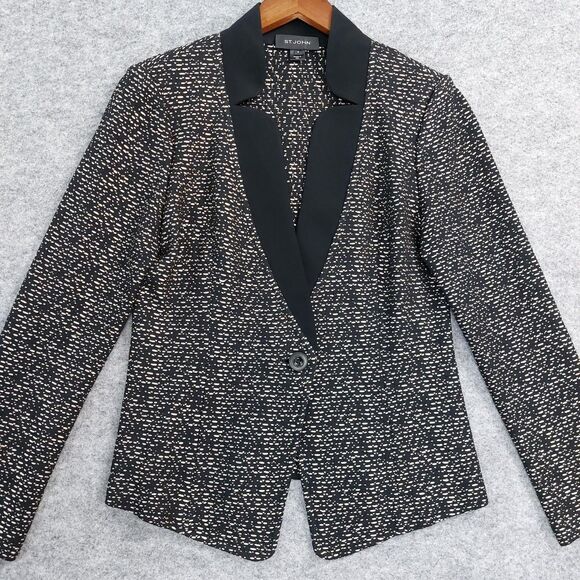 St John Blazer Womens Sz 8 Knit Pattern One Button Tuxedo Collar Jacket Retro - Picture 1 of 10